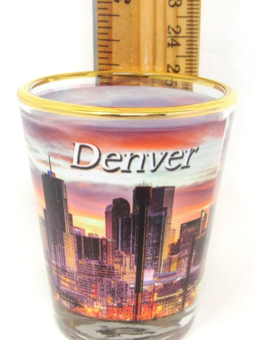 Share Denver Skyline Shot Glass at Sunset Colorado 2 oz Gold New
